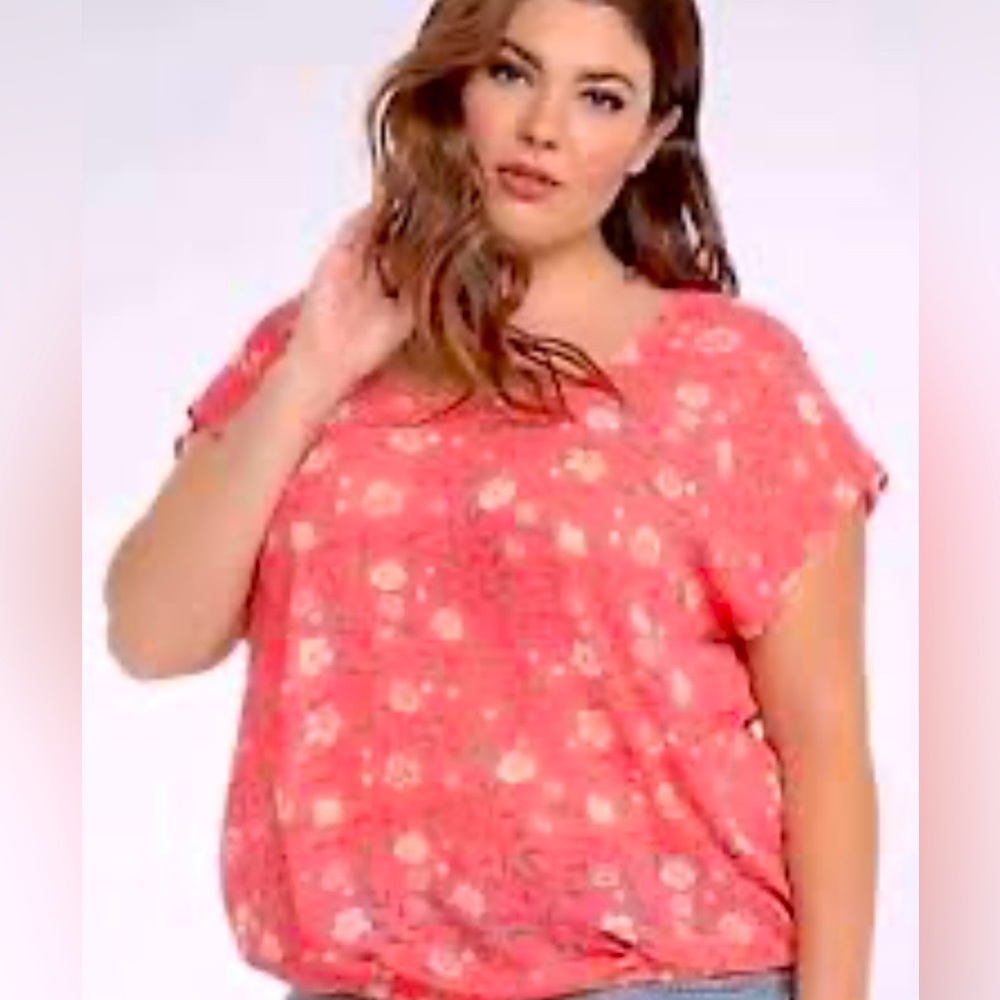 Torrid Coral Floral Cottagecore Romantic Blouse Sheer Bow Back Elastic Size 5
